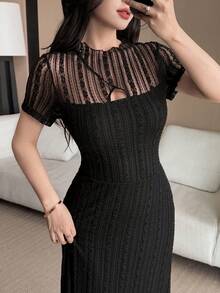 Feyla Women's Elegant Lace Patchwork Cut Out Dress Dinner Date Black Summer - Black - View 2
