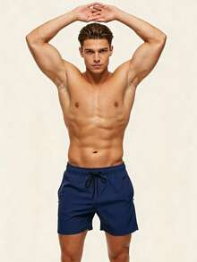 Manfinity KASUA Men's Plus Size Solid Color Drawstring Waist Pocket Beach Shorts, Holiday - Navy Blue - View 3