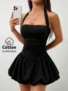 SHEIN PETITE 2026年女款春夏度假系列：新款黑色繫帶露背純色簡約休閒氣球裙，適合居家、外出、海灘、時尚造型、休閒穿著、通勤、度假、浪漫場合及日常穿搭，搭配選擇多樣。適合日常穿著、休閒穿搭、度假、郵輪旅行、海灘、曬日光浴、熱銷款、街頭風、婚禮賓客服裝、波希米亞風、通勤、早午餐及機場穿搭。 - 黑色 - 查看 10