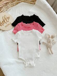 女嬰休閒簡約針織彈性素色開襠短袖連身衣 3 件組，適合夏季 - 彩色 - 查看 8