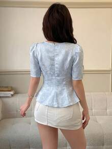 Feyla Women's Sweet Elegant Exquisite Embroidered Ruffle Hem Shirt - Baby Blue - View 4