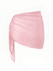 Swim Basics Vacation Beach Solid Color Mesh Cover-Up Skirt - Pink - View 2