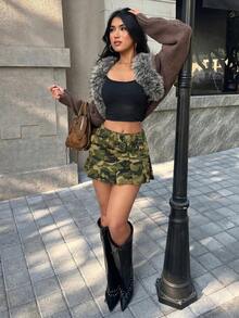 SHEIN PETITE 女款迷彩圖案腰部玉米扣褶皺牛仔裙 - 彩色 - 查看 5