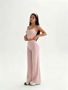 Dewbera Dewbera Women's Solid Color Cropped Camisole And Flare Pants Sports Suit - Pink - View 4