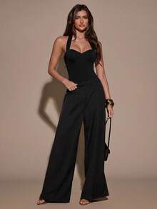 SHEIN BAE 女款純色掛脖修身百搭日常外出連身衣 - 黑色 - 查看 6