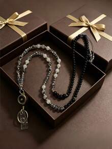 1pc Natural Stone Beads Retractable Badge Reel Lanyard Id Card Holders Necklaces Chain Keychain Clip For Women Men Employee Wholesal - multicolor - View 7