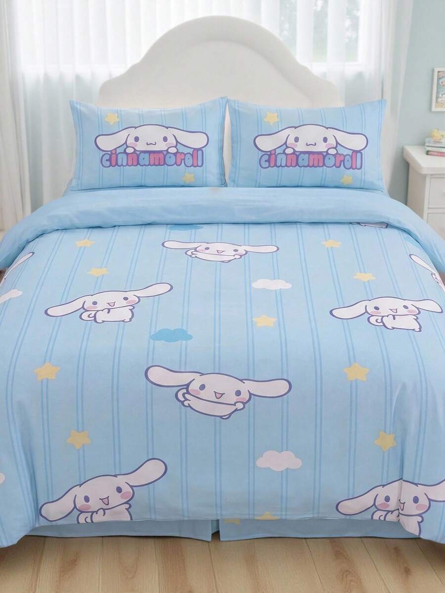 HELLO KITTY AND FRIENDS | SHEIN 3件組藍色條紋星星裝飾被套組,卡通角色圖案,材質光滑柔軟保暖,多尺寸適用於單人床/雙人床/大床/特大床,創意禮物、派對、節慶適用,可愛床上用品 - 藍色 - 查看 1