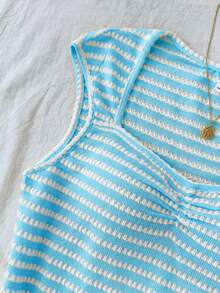 Teen Girls Summer New Ocean Blue Knit Textured Jacquard Ruched Chest Sweet Girly Cute Home Casual Off-Shoulder T-Shirt - Blue - View 5