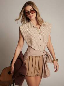 Hauture Women's Shirting Stripe Button Front Sleeveless Blouse Office Wear - Apricot - View 6