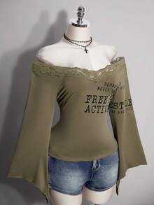 SHEIN ICON 女款大尺碼蕾絲拼接字母印花露肩喇叭袖T恤 - 綠色 - 查看 5