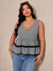 Elaquor Plus Size Women's Sweet Plaid V-Neck Lace Patchwork Airport Holiday Vacation Ruffle Hem Top Casual 1920s 90s Cute Summer Daily Wear Oktoberfest - Apricot - View 7