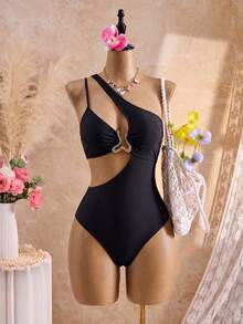 SHEIN Swim 大尺碼女款夏季純黑色不對稱單肩連身泳衣，度假風性感優雅腰部鏤空金屬環設計 - 黑色 - 查看 6