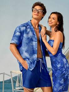 Manfinity VDAYZ Men's Beach Set Short Sleeve Top And Drawstring Shorts, Holiday - Blue - View 3