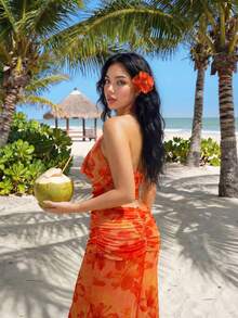 Sweetina Débardeur femme à imprimé floral asymétrique avec décoration métallique, idéal pour les vacances - Orange - Voir 2