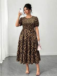 Elenzga Gaun A-line Wanita Ukuran Besar Lengan Pendek Elegan Gaya Liburan Motif Bunga dengan Karet Dada dan Pinggang yang Dikencangkan, Patchwork Berlapis-lapis, Cocok untuk Musim Semi dan Musim Panas - Coffee Brown - View 3