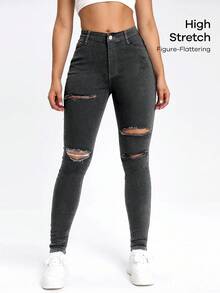 SHEIN EZwear 黑色斜口袋破洞緊身牛仔褲 - 淺灰色 - 查看 7