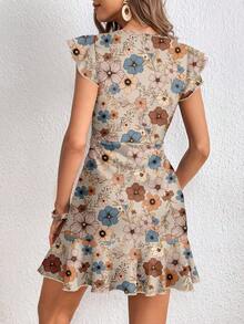 SHEIN Clasi 夏季女式复古花卉印花圆领盖袖荷叶边 A 字迷你连衣裙 - 彩色 - 查看 2