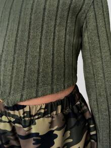 SHEIN Young Girl Sporty Casual Knit Long Sleeve Top And Camo Print Long Pants 2Pcs Set - Multicolor - View 5