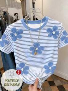 Resyla Women's Striped 3D Floral Print Casual T-Shirt - Multicolor - View 3