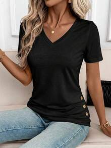 SHEIN Clasi 女款素色V領修身百搭休閒短袖T恤 - 黑色 - 查看 4
