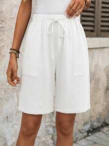 EMERY ROSE Women's Versatile Casual Solid Color Drawstring Waist Pocket Shorts - White - View 3