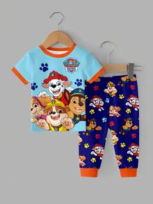 SHEIN | PAW Patrol 男嬰圓領卡通圖案短袖上衣與長褲休閒日常居家睡衣套裝 - 彩色 - 查看 3