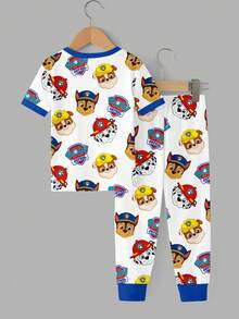 SHEIN | PAW Patrol 小男孩休閒簡約貼身舒適圓領短袖長褲貼身家居服，適合春夏季 - 彩色 - 查看 4