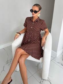 Siren Gaze Women's Summer Casual Polka Dot Print Front Button Dress - Brown - View 4