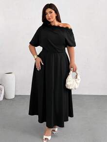 Firerie Short-Sleeved, Off-Shoulder, Lace-Trimmed, Plus-Size Fitted Waist Flared Maxi Dress / Elegant Work Dress - Black - View 6