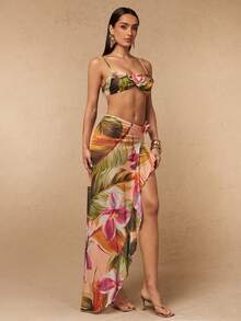 Silquee Summer Beach Floral Decor Double Strap Women Sexy Bikini Sheer Cover-Up 3pcs Set Beach Outfits Bathing Suits - Multicolor - View 3