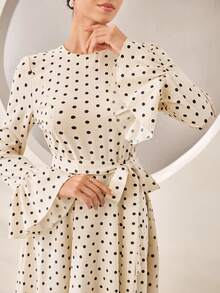 Graceveil Elegant Decent Casual Modest Middle Eastern Polka Dot Round Neck Flare Sleeve Cinched Waist Front Dress Winter Formal Office Morning Formal White - Apricot - View 5