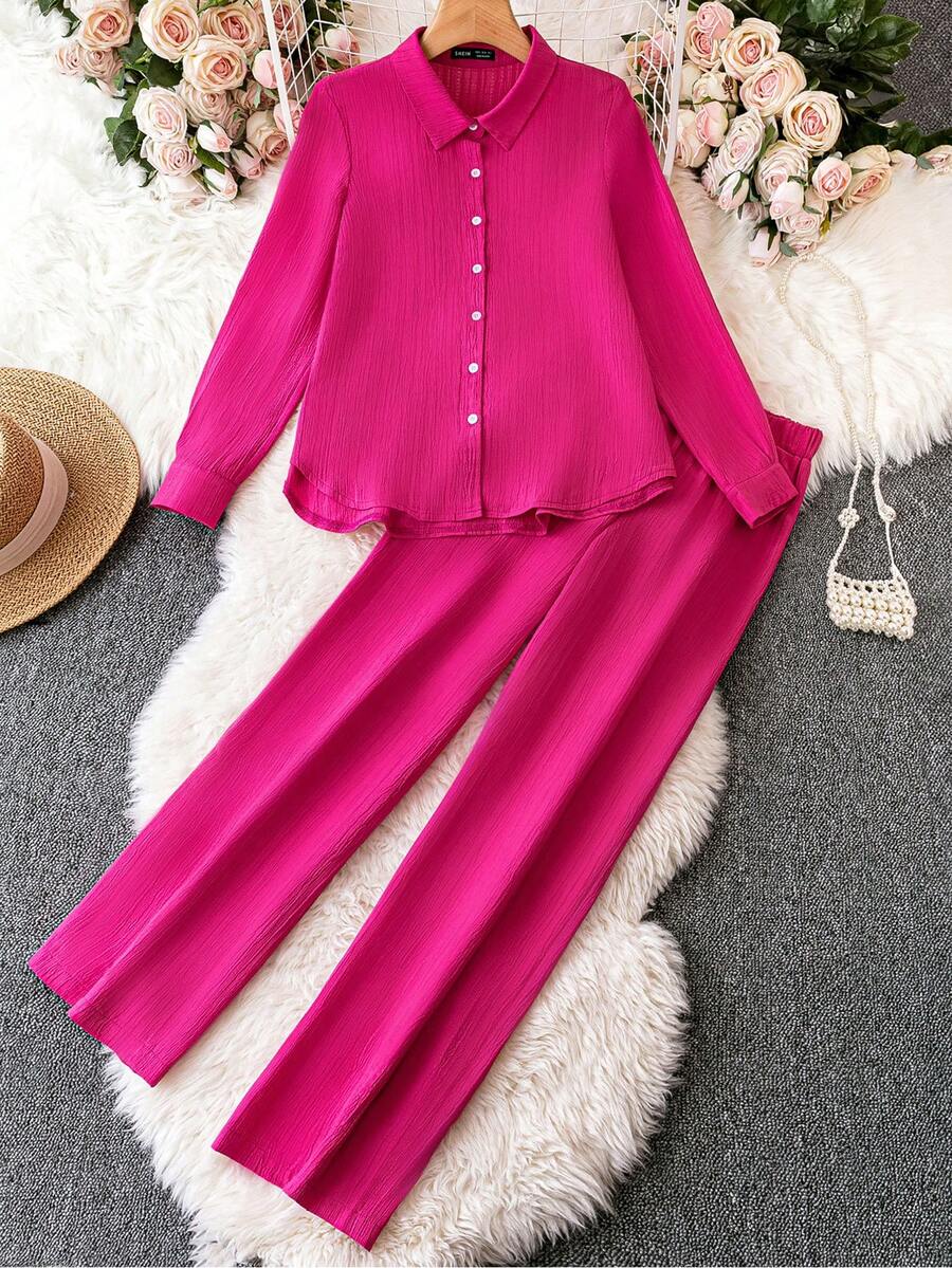GlowEve Women's Pink Collared Shirt And Wide-Leg Pants Two-Piece Set Fall Cloth For Women - Pink - View 1