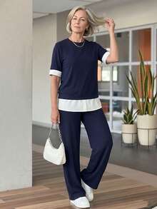 EMERY ROSE Middle-Aged And Elderly Women's Color-Block Patchwork Top And Long Pants Set Casual Summer Outfits For Women - Blue - View 6