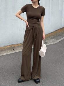 DAZY 2pcs Women Solid Color Short Sleeve T-Shirt And Long Pants Set Lounge Sets For Women Short Sets For Women - Chocolate Brown - View 7