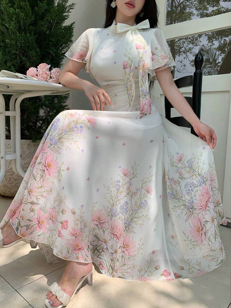 Modelyn 女款繫帶收腰抓皺印花喇叭裙 - 彩色 - 查看 1
