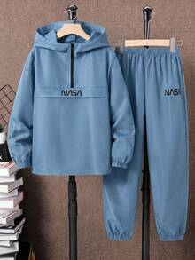 SHEIN Conjunto de 2 piezas de chaqueta con capucha y media cremallera y pantalones jogger para adolescente, adecuado para otoño/invierno, estilo deportivo casual, ideal para ir al trabajo, la escuela, uso diario, vacaciones, viajes, deportes, todas las estaciones, forro polar, engrosado - Azul - Ver 3
