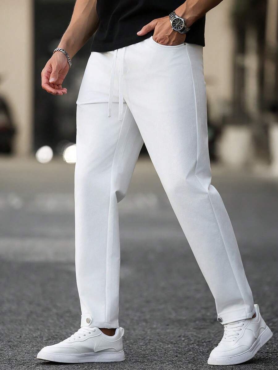 Manfinity Homme Men's Pants, Mature Casual Loose Rivet Button Wide-Leg Trousers - White - View 1