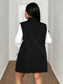 Maweii Blazer Longgar Tanpa Lengan Tenun Ukuran Besar untuk Wanita - Hitam - View 5
