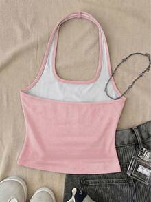 Tween Girls Pink Long Casual Halter Neck Top, Fitted Tank Top Suitable For Summer - White - View 2