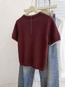 Franclia French Vintage Loose Round Neck Short Sleeve Knit Contrast Trim Beige Women's Spring Autumn Knit Top - Burgundy - View 2