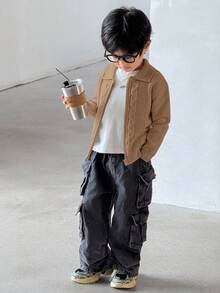 SHEIN 小男孩休閒麻花編織前開襟拉鍊開襟衫 - 棕色 - 查看 3