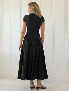 Freevana 95 Cotton Women's Solid Color Stand Collar Puff Sleeve Pleated Long Casual Elegant Dress, Summer Black Dress Date Holiday Everyday Everyday Night - Black - View 2