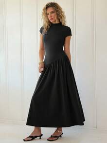 Freevana 95 Cotton Women's Solid Color Stand Collar Puff Sleeve Pleated Long Casual Elegant Dress, Summer Black Dress Date Holiday Everyday Everyday Night - Black - View 6