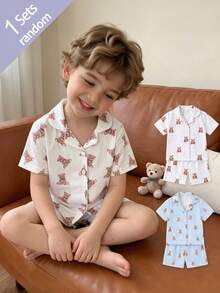 [Random 3 Sets, 1 Set Sent] Young Boy Casual Simple Cute Bear Print Short Sleeve Cardigan And Shorts Loungewear Set, Loose And Comfortable, Suitable For Spring And Summer, Great For Home Or Outings, Sweet And Cozy - Multicolor - View 9