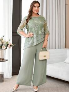 Reflora Plus Size Women's Floral Embroidery Pattern Top And Wide Leg Pants Casual Daily 2-Piece Set - Green - View 4