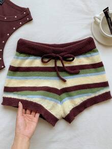 Comfortcana Setelan Sweater dan Celana Pendek Kasual Vintage Warna Polos Pinggang Tinggi dengan Tali Serut untuk Musim Gugur/Santai Bergaris Cokelat - MultiWarna - View 7
