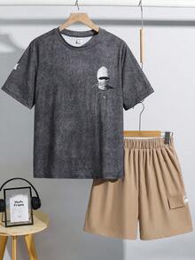 SHEIN 青少年男孩 Bolty 字母與人像圖案印花 T-shirt，街頭風圓領短袖 T-shirt 與短褲套裝，適合派對、開學、正式場合、日常穿著、學校、旅行、運動，春/夏/秋季 - 彩色 - 查看 7