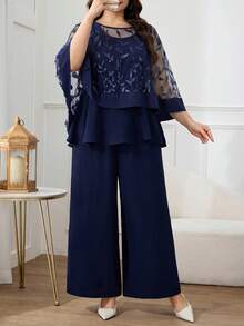 Modelyn Plus Size Women's Dark Blue 3D Floral Decor Mesh Patchwork Round Neck Top And Solid Color Wide Leg Pants 2pcs Set, Party Wedding, Formal, Evening Gown - Navy Blue - View 4