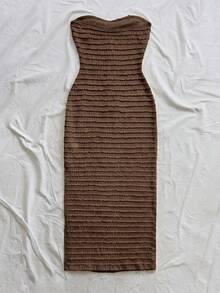 Vestido de mujer a rayas con frente plisado y lazo, atuendos de playa y vacaciones, atuendos de primavera y verano para mujeres - Café integral - Ver 2