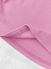 SHEIN Tween Girl Tween Girls Rose Red And White Collar Knit Casual Colorblock Patchwork Fitted Waist T-Shirt Top With Small Logo Embroidery - Hot Pink - View 4